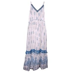 Me 2 Magic Boho Tiered Maxi Dress Sleeveless Metallic Tassels Cottage Peasant M